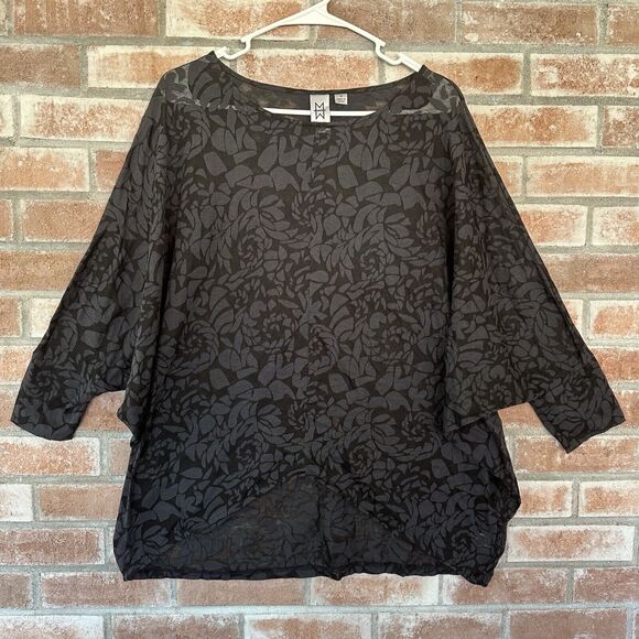 Marc Bouwer Dolman Sleeve Patterned Sheer Top Black Gray Medium - Picture 1 of 9